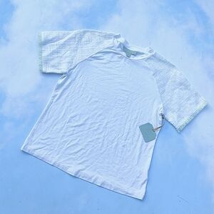 Designer Ivory Supima Cotton Green Sleeve Tweed Top